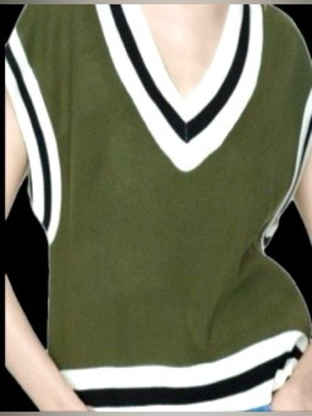Mango: Olive Green/White/Black Color Contrast V-Neck Sweater Vest - Size Small